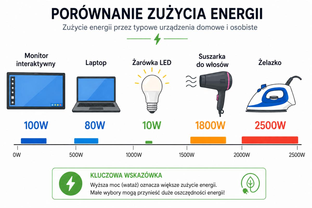 Porównanie zużycia energii przez monitor interaktywny i inne urządzenia