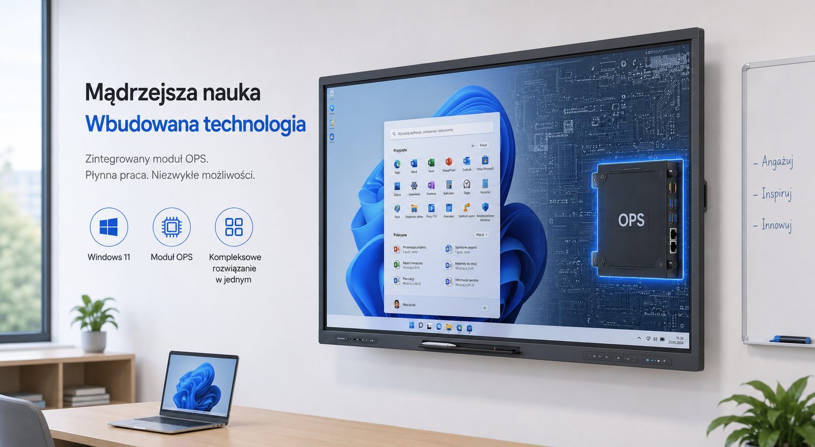 Ilustracja 3D monitora interaktywnego z wbudowanym modułem OPS do zastosowań szkolnych i edukacyjnych.