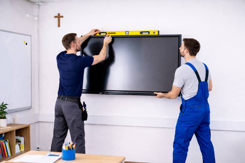 Montaż monitora interaktywnego w klasie szkolnej